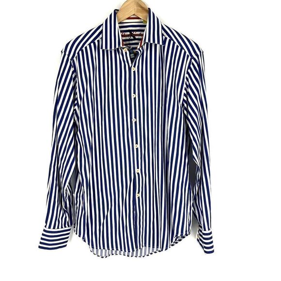 Robert Graham X Shirt Size Medium Mens Blue White Stripe Flip Cuff Tailored Fit - Picture 1 of 8